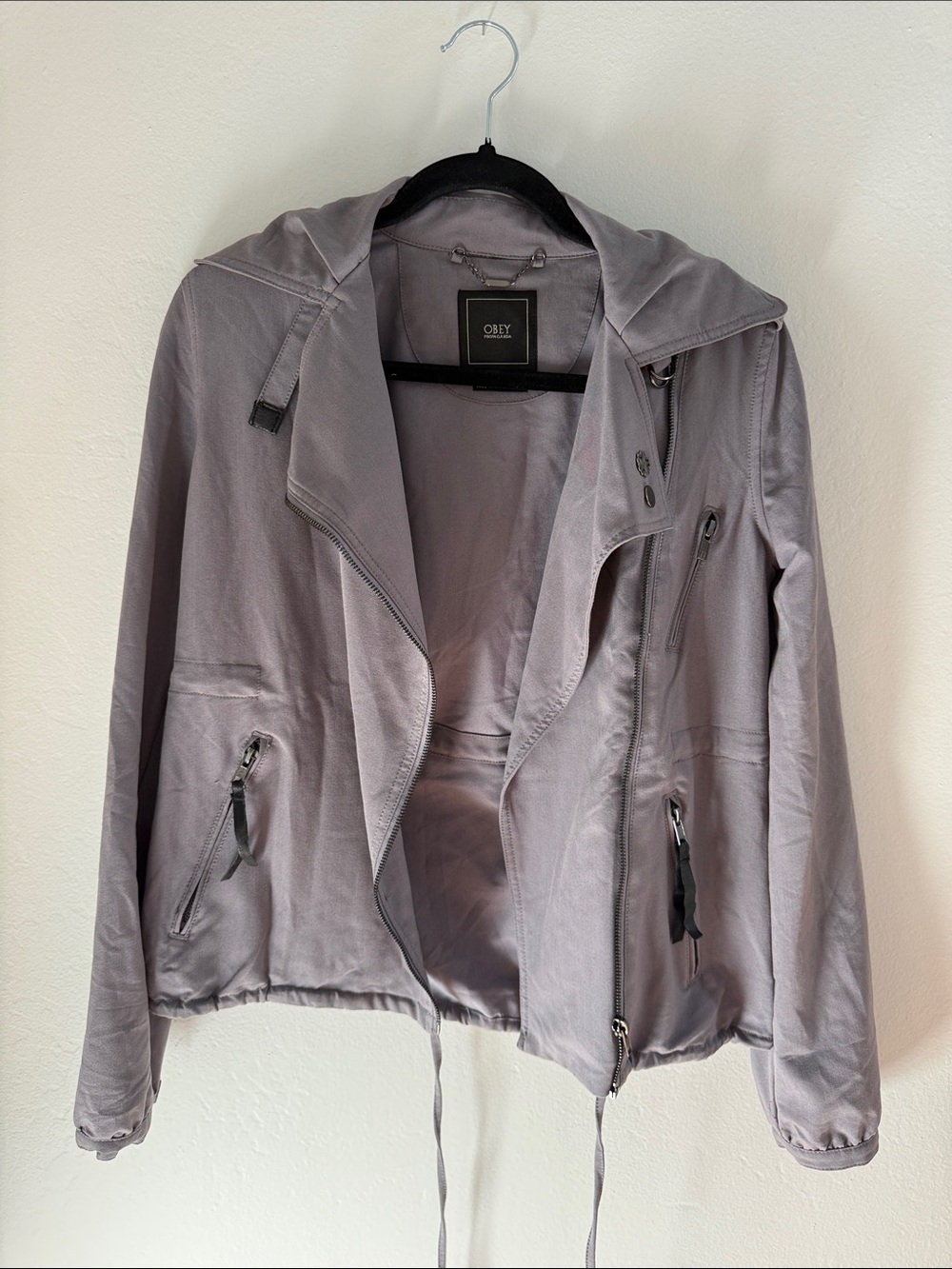 Obey Lavender-Gray Hooded Utility Jacket with Asymmetrical Zip